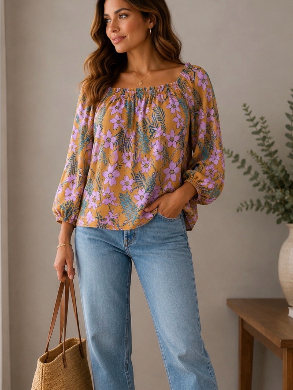Gibson Latimer Mustard Floral Off-Shoulder Blouse with Lilac Flowers